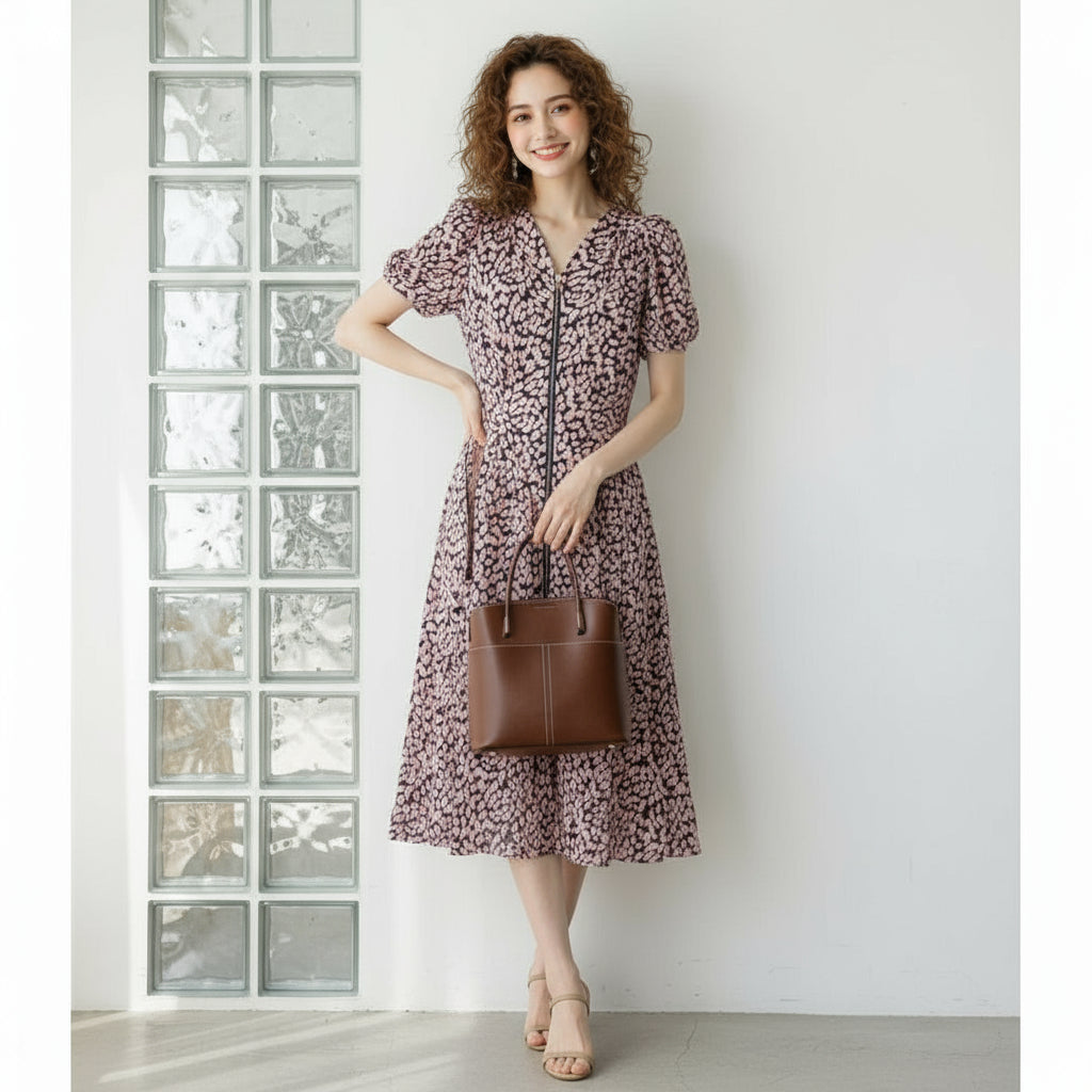 Woman in a purple floral midi dress holding a brown leather handbag, standing by glass blocks