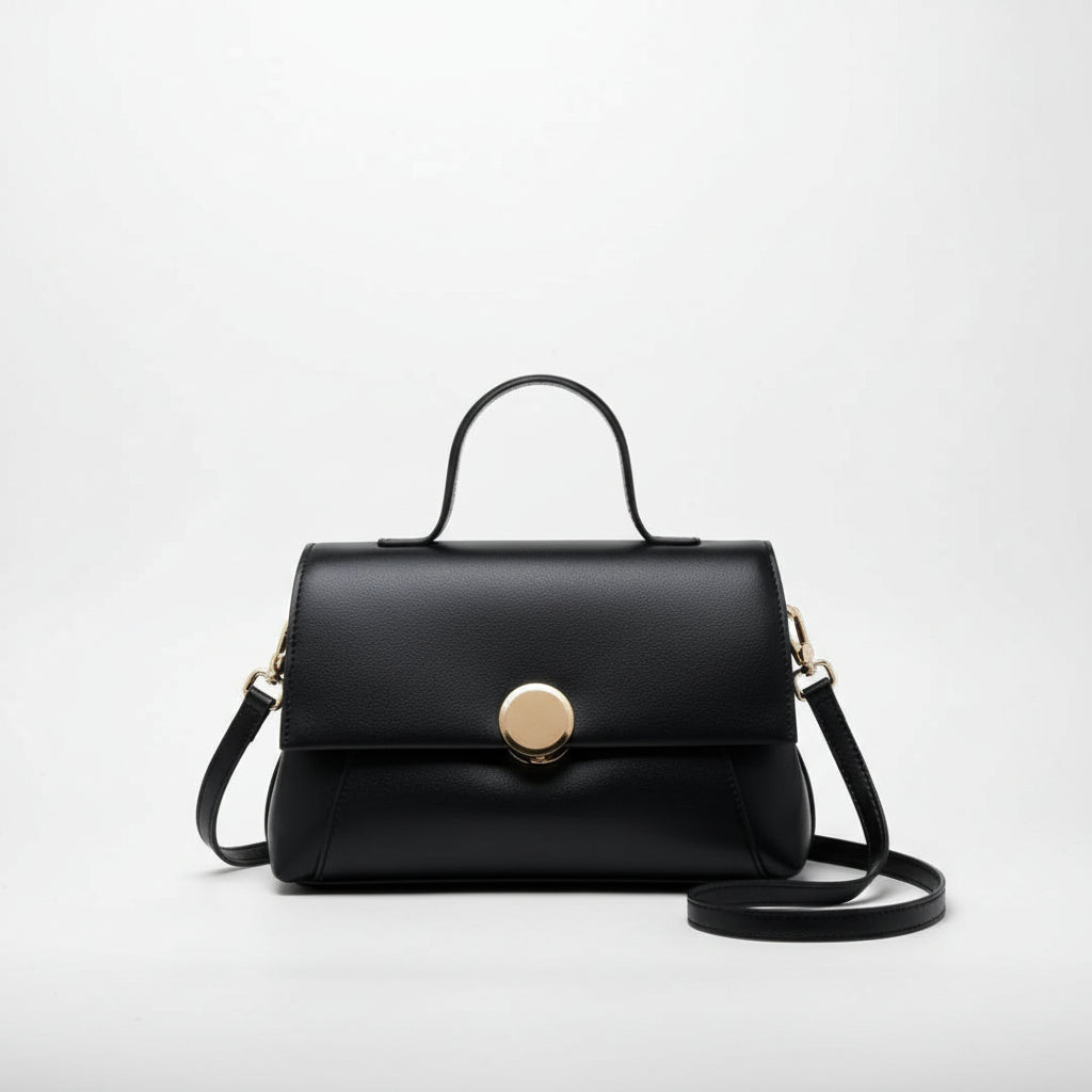 Black leather handbag with gold clasp, top handle, and shoulder strap on white background