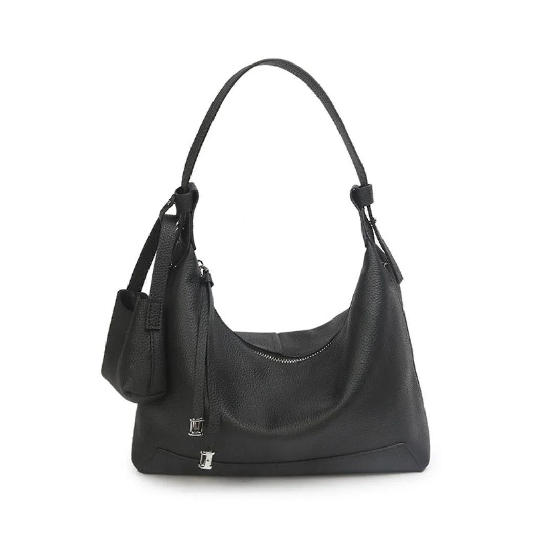 Black leather hobo shoulder bag with zipper and small pouch, minimalist design