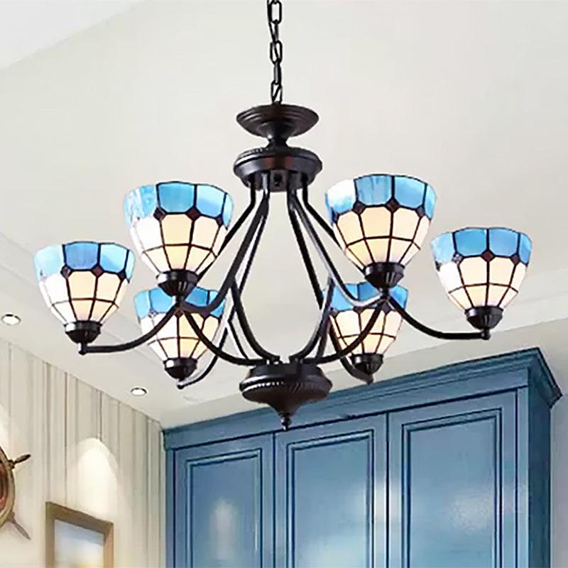6/8 Lights Upward Chandelier Light with Bowl Shade Blue Tiffany Pendant - Rebooters