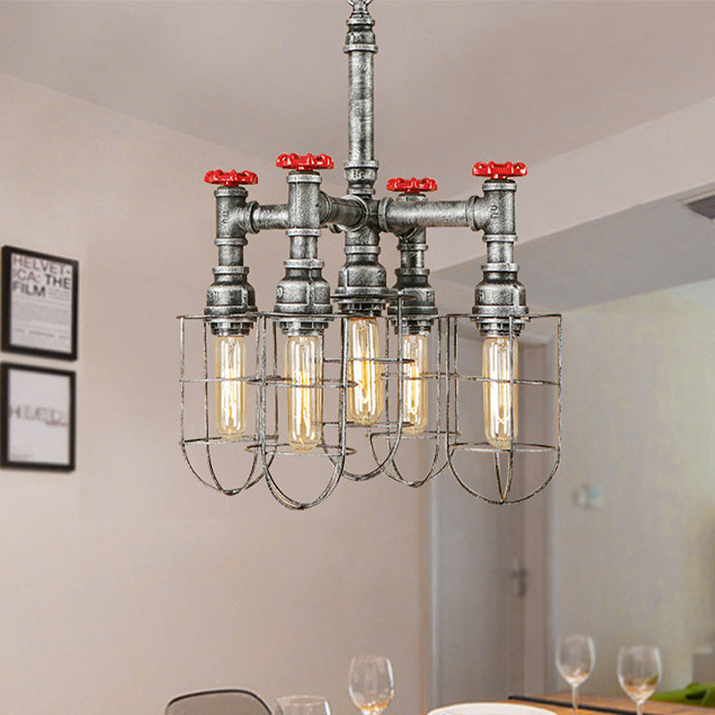 Silver 5 Heads Hanging Lighting Antiqued Metallic Piping Chandelier - Rebooters