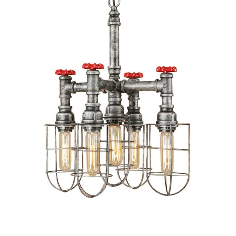 Silver 5 Heads Hanging Lighting Antiqued Metallic Piping Chandelier - Rebooters