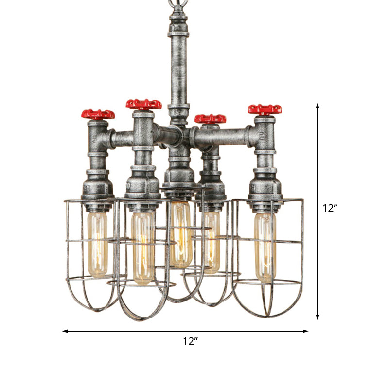 Silver 5 Heads Hanging Lighting Antiqued Metallic Piping Chandelier - Rebooters