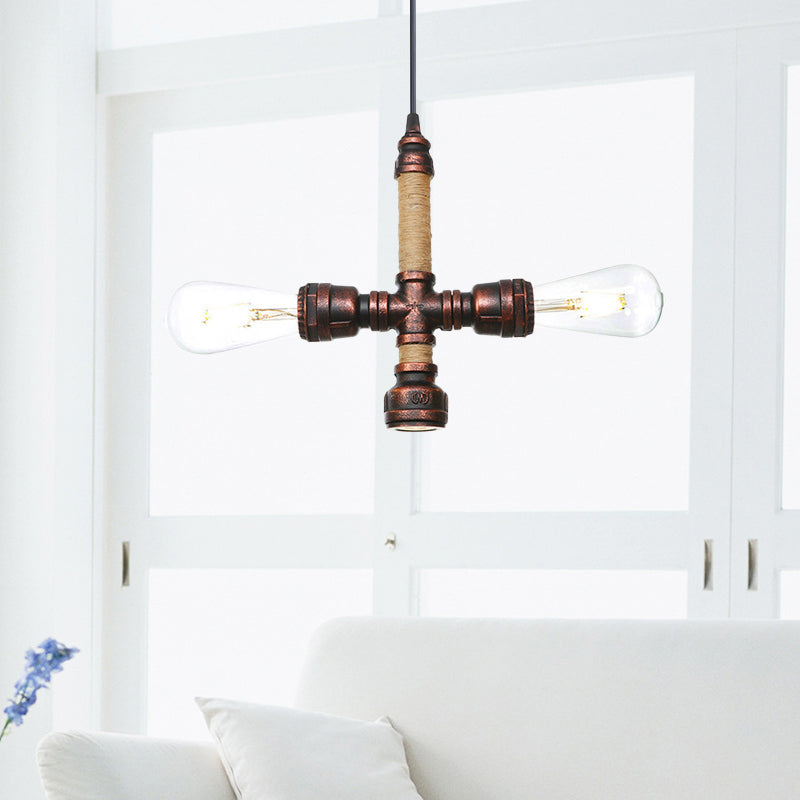 2/3 Heads Pendant Chandelier Vintage Water Pipe Metallic Hanging Ceiling Light in Rust 8 9 10 Width - Rebooters