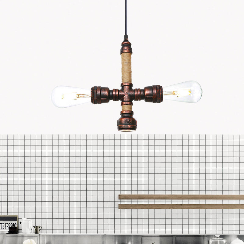 2/3 Heads Pendant Chandelier Vintage Water Pipe Metallic Hanging Ceiling Light in Rust 8 9 10 Width - Rebooters