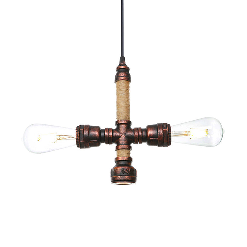 2/3 Heads Pendant Chandelier Vintage Water Pipe Metallic Hanging Ceiling Light in Rust 8 9 10 Width - Rebooters