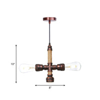 2/3 Heads Pendant Chandelier Vintage Water Pipe Metallic Hanging Ceiling Light in Rust 8 9 10 Width - Rebooters
