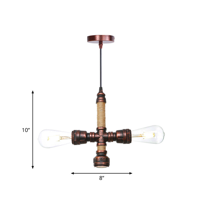 2/3 Heads Pendant Chandelier Vintage Water Pipe Metallic Hanging Ceiling Light in Rust 8 9 10 Width - Rebooters