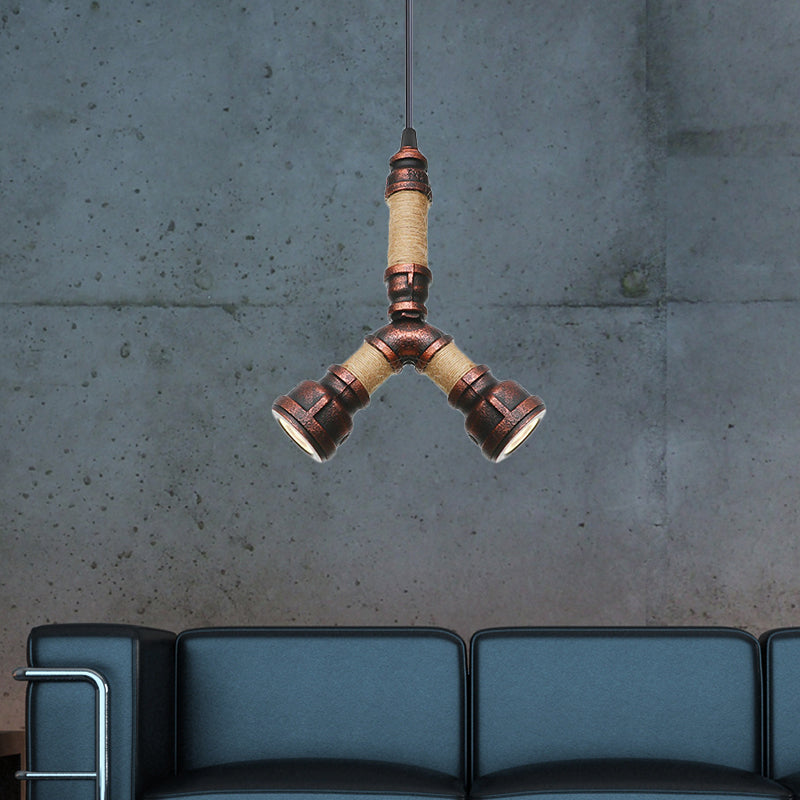 2/3 Heads Pendant Chandelier Vintage Water Pipe Metallic Hanging Ceiling Light in Rust 8 9 10 Width - Rebooters