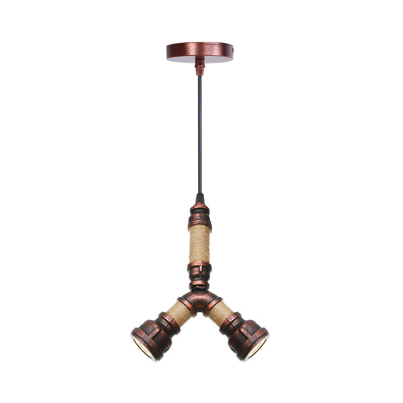 2/3 Heads Pendant Chandelier Vintage Water Pipe Metallic Hanging Ceiling Light in Rust 8 9 10 Width - Rebooters