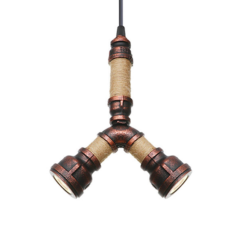 2/3 Heads Pendant Chandelier Vintage Water Pipe Metallic Hanging Ceiling Light in Rust 8 9 10 Width - Rebooters