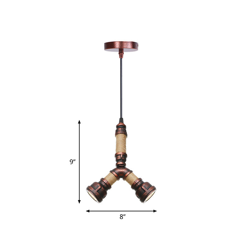 2/3 Heads Pendant Chandelier Vintage Water Pipe Metallic Hanging Ceiling Light in Rust 8 9 10 Width - Rebooters