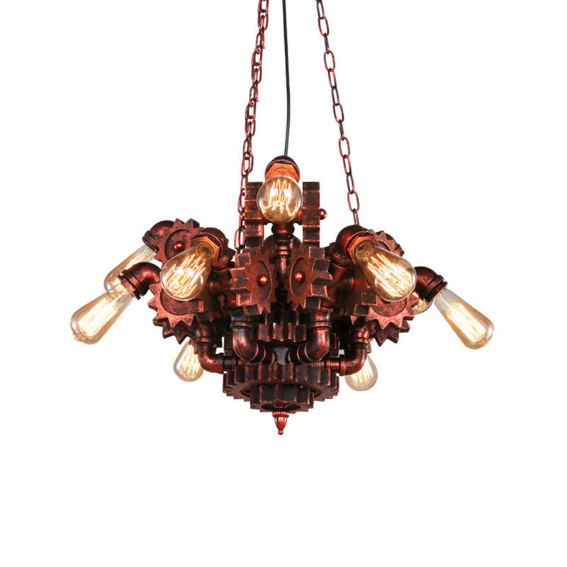 Gear Living Room Pendant Chandelier Vintage Wrought Iron 9 Lights Weathered Copper Fixture - Rebooters