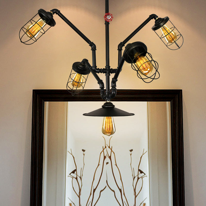 Abstract Pipe Living Room Pendant Vintage Metallic 5-Light Black Hanging Chandelier - Rebooters