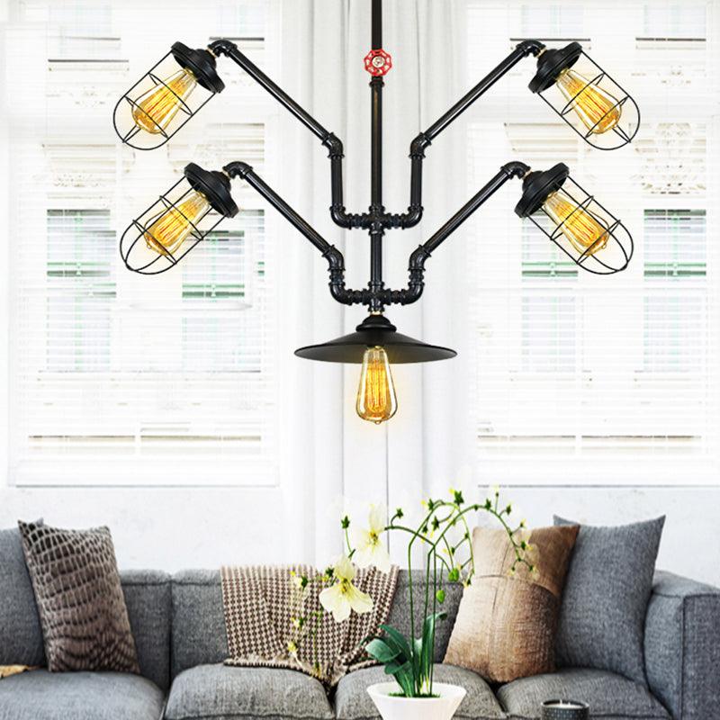 Abstract Pipe Living Room Pendant Vintage Metallic 5-Light Black Hanging Chandelier - Rebooters