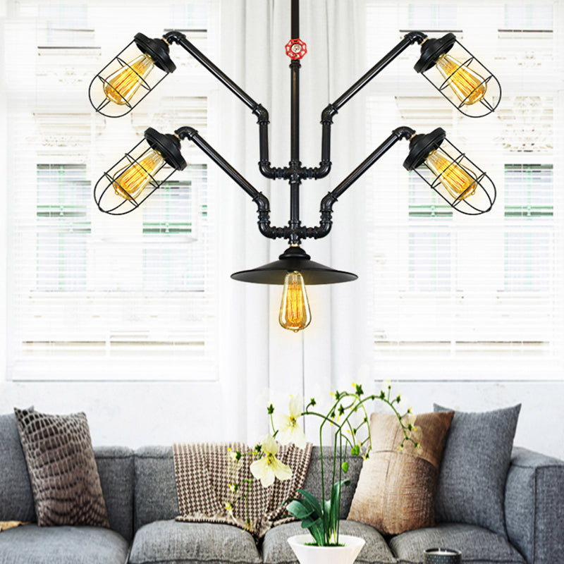 Abstract Pipe Living Room Pendant Vintage Metallic 5-Light Black Hanging Chandelier - Rebooters