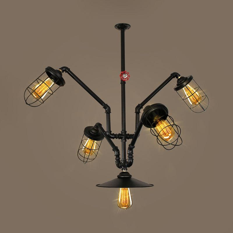Abstract Pipe Living Room Pendant Vintage Metallic 5-Light Black Hanging Chandelier - Rebooters
