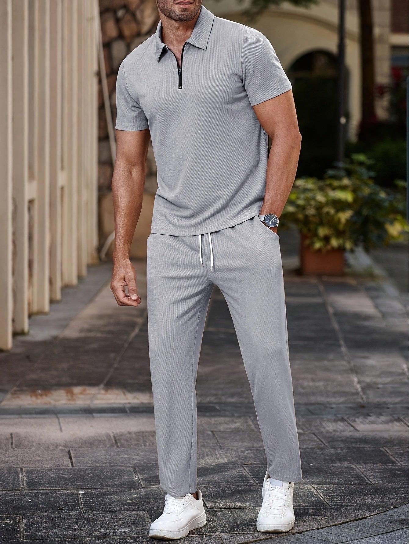 Solid Casual Lapel Half Zip Shirt Men Set for Outdoor Comfort Rebooters mens 2 piece set