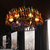 6 Bulbs Hanging Lighting Art Deco Feather Metallic Chandelier Pendant Lamp in Red and Blue - Rebooters