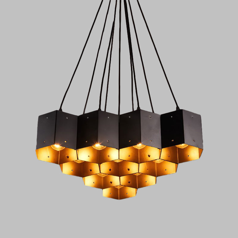 Hexagon Restaurant Pendant Chandelier Vintage Metal 7 Lights Black Down Lighting - Rebooters