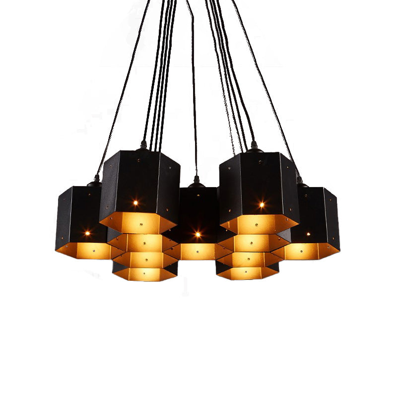 Hexagon Restaurant Pendant Chandelier Vintage Metal 7 Lights Black Down Lighting - Rebooters