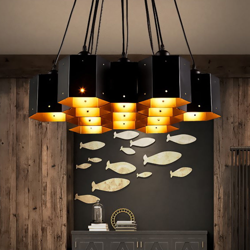 Hexagon Restaurant Pendant Chandelier Vintage Metal 7 Lights Black Down Lighting - Rebooters