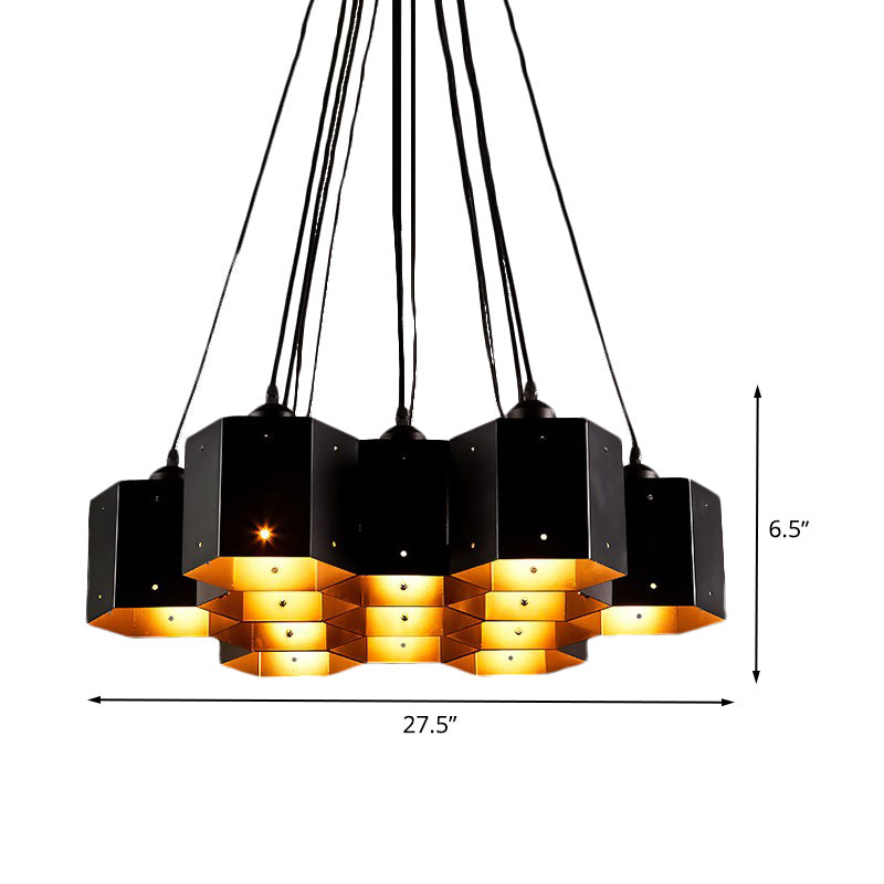 Hexagon Restaurant Pendant Chandelier Vintage Metal 7 Lights Black Down Lighting - Rebooters