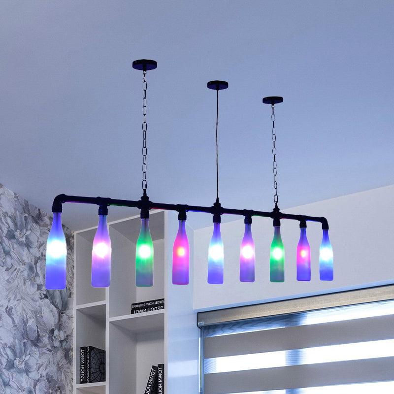 9 Lights Island Pendant Light Art Deco Wine Bottle Colorful Glass Hanging Ceiling Lamp in Black for Bar - Rebooters