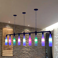 9 Lights Island Pendant Light Art Deco Wine Bottle Colorful Glass Hanging Ceiling Lamp in Black for Bar - Rebooters