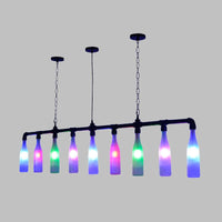 9 Lights Island Pendant Light Art Deco Wine Bottle Colorful Glass Hanging Ceiling Lamp in Black for Bar - Rebooters