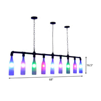 9 Lights Island Pendant Light Art Deco Wine Bottle Colorful Glass Hanging Ceiling Lamp in Black for Bar - Rebooters