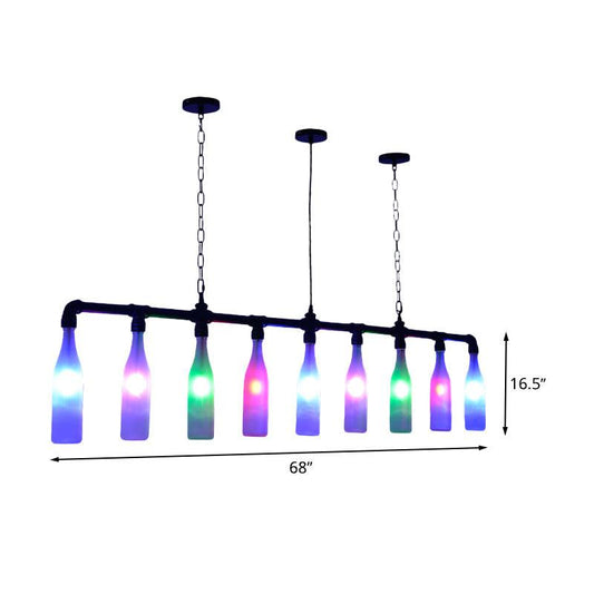 9 Lights Island Pendant Light Art Deco Wine Bottle Colorful Glass Hanging Ceiling Lamp in Black for Bar - Rebooters