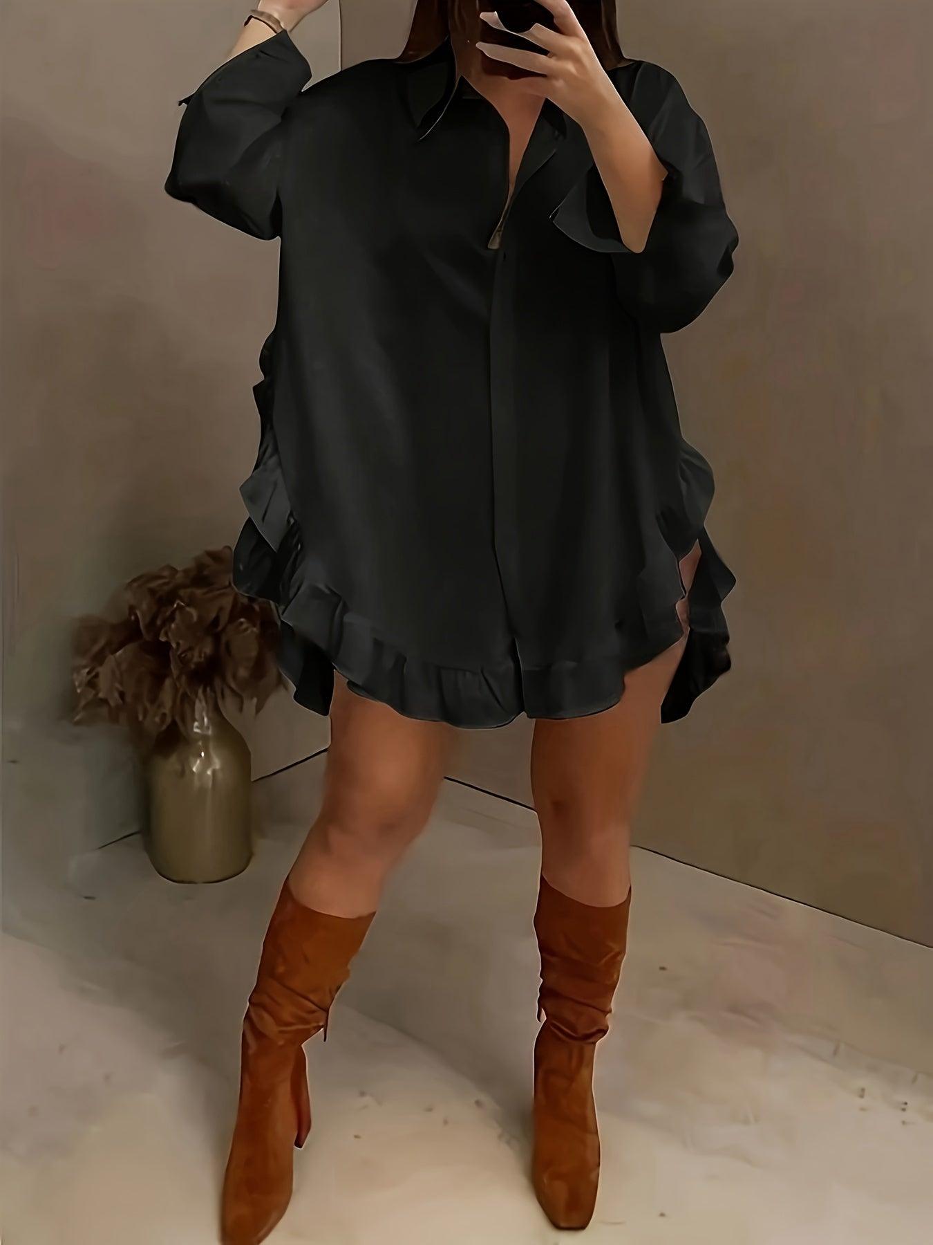 Oversized Ruffle Hem Shirt Dress For Women - Chic Style Rebooters Womens Shirts