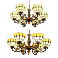 6 Heads Bowl Shade Pendant Light Tiffany Antique Glass Chandelier in Green Yellow for Hotel - Rebooters