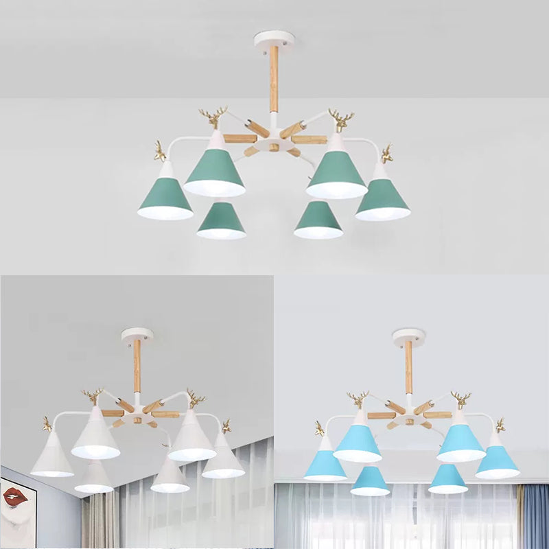 Metal Conical Pendant Light with Antlers Dining Room Chandelier - Rebooters