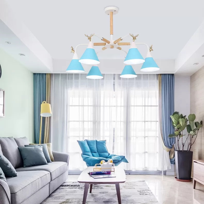 Metal Conical Pendant Light with Antlers Dining Room Chandelier - Rebooters