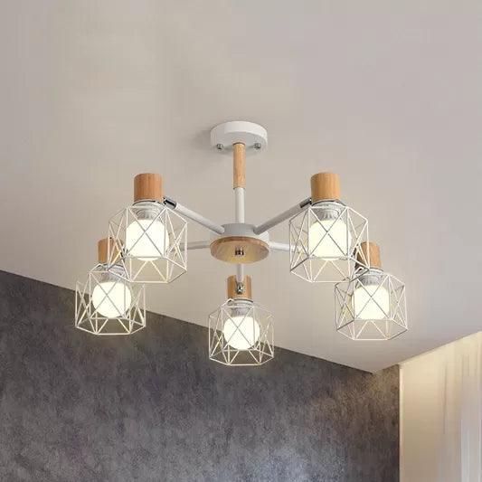 Wire Frame Hanging Light Modern Stylish Wood & Metal Chandelier - Rebooters