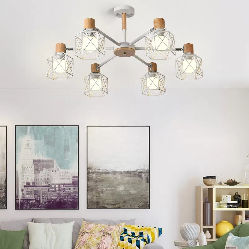 Wire Frame Hanging Light Modern Stylish Wood & Metal Chandelier - Rebooters