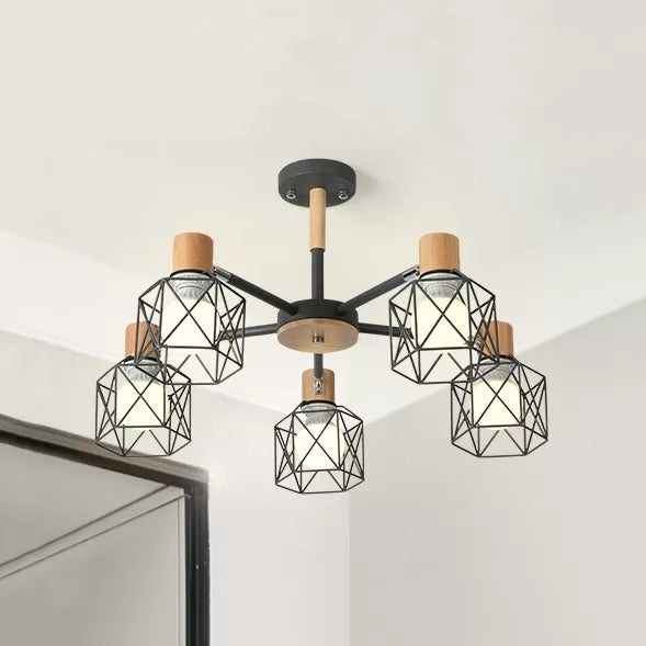 Wire Frame Hanging Light Modern Stylish Wood & Metal Chandelier - Rebooters