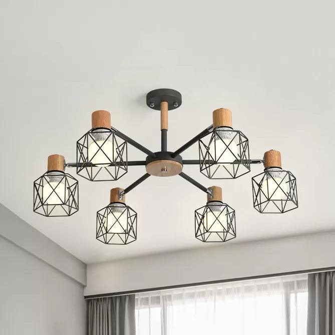 Wire Frame Hanging Light Modern Stylish Wood & Metal Chandelier - Rebooters