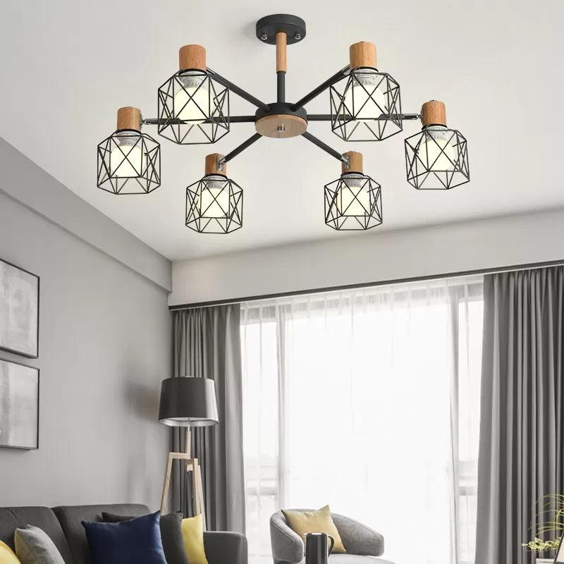 Wire Frame Hanging Light Modern Stylish Wood & Metal Chandelier - Rebooters