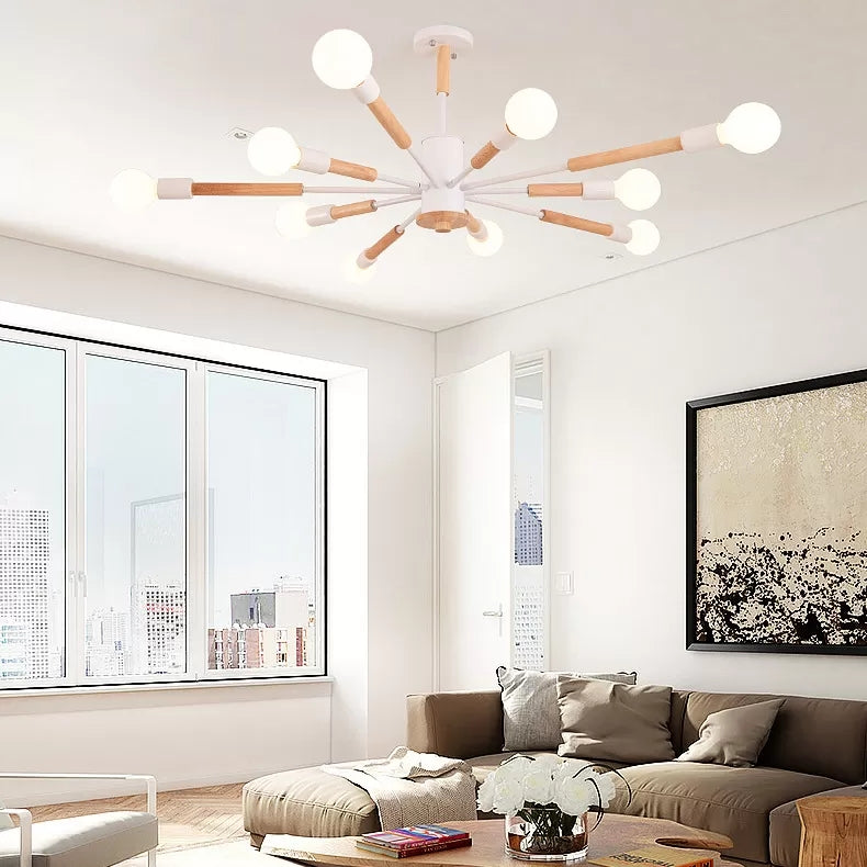 Sky Bang Bare Bulb Hanging Light Nordic Wood Chandelier - Rebooters