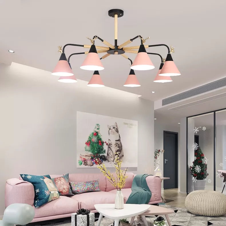 Metallic Conical Pendant Light with Deer Macaron Chandelier - Rebooters