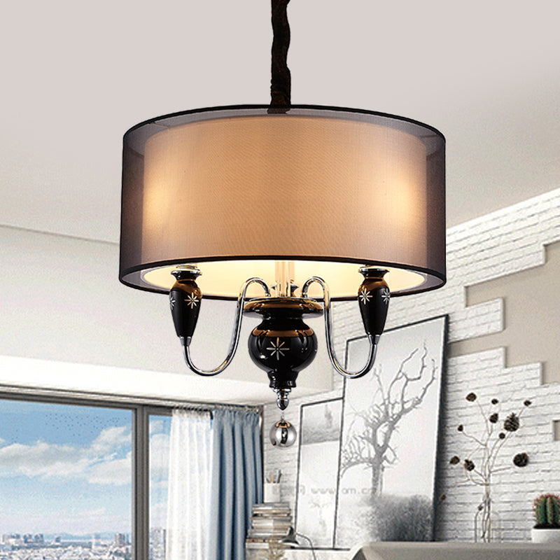 3-Light Fabric Hanging Chandelier Classic Black Drum Pendant - Rebooters