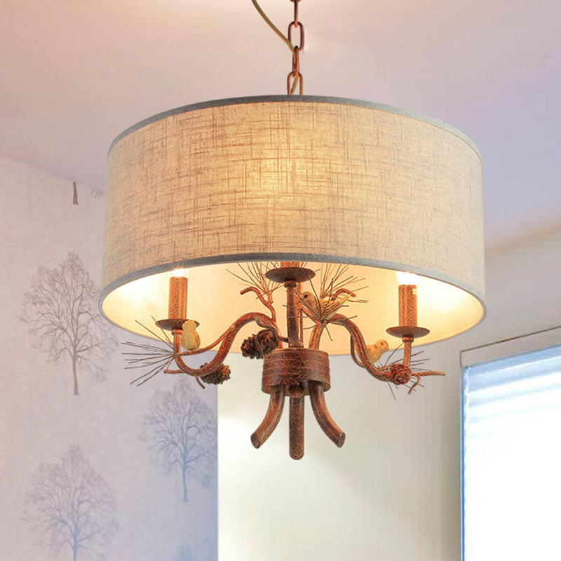 3 Bulbs Ceiling Lamp Drum Shade Fabric Vintage Chandelier - Rebooters