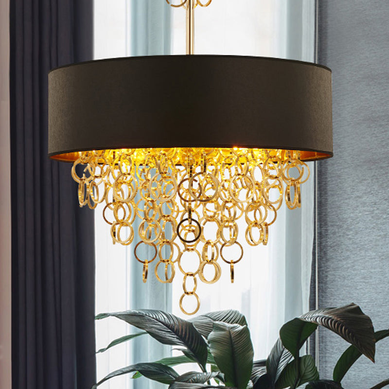 Cylinder Fabric Chandelier Lighting Vintage 3 Lights Black Gold Ring - Rebooters