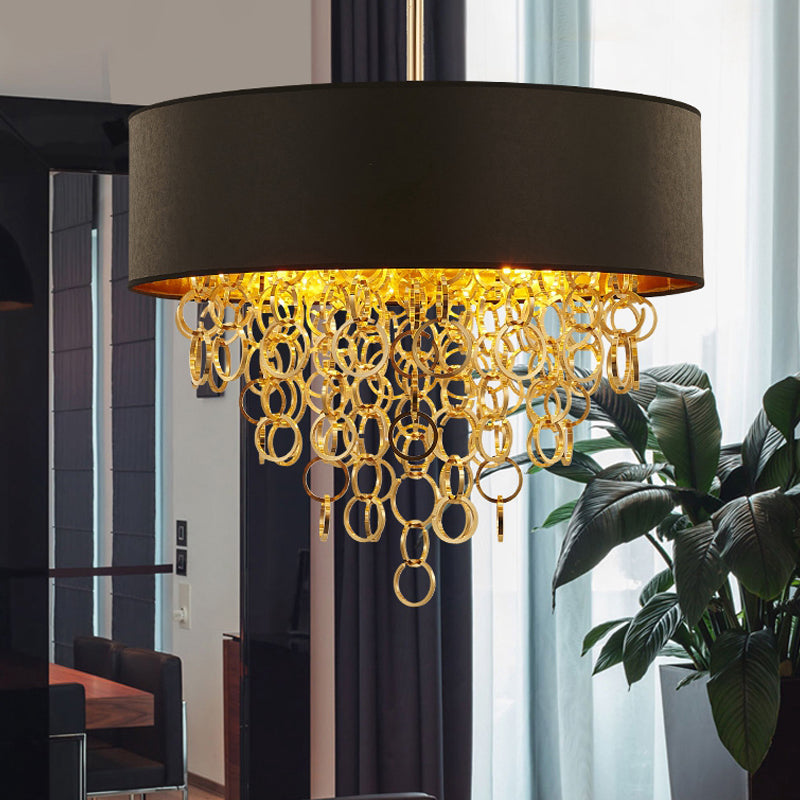 Cylinder Fabric Chandelier Lighting Vintage 3 Lights Black Gold Ring - Rebooters