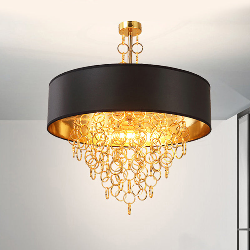 Cylinder Fabric Chandelier Lighting Vintage 3 Lights Black Gold Ring - Rebooters