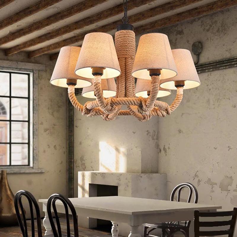 Beige 6 Lights Pendant Chandelier Classic Fabric and Rope - Rebooters