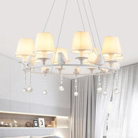 8 Lights Pendant Light Classic Cone Fabric Hanging Chandelier in White for Bedroom with Crystal Draping - Rebooters
